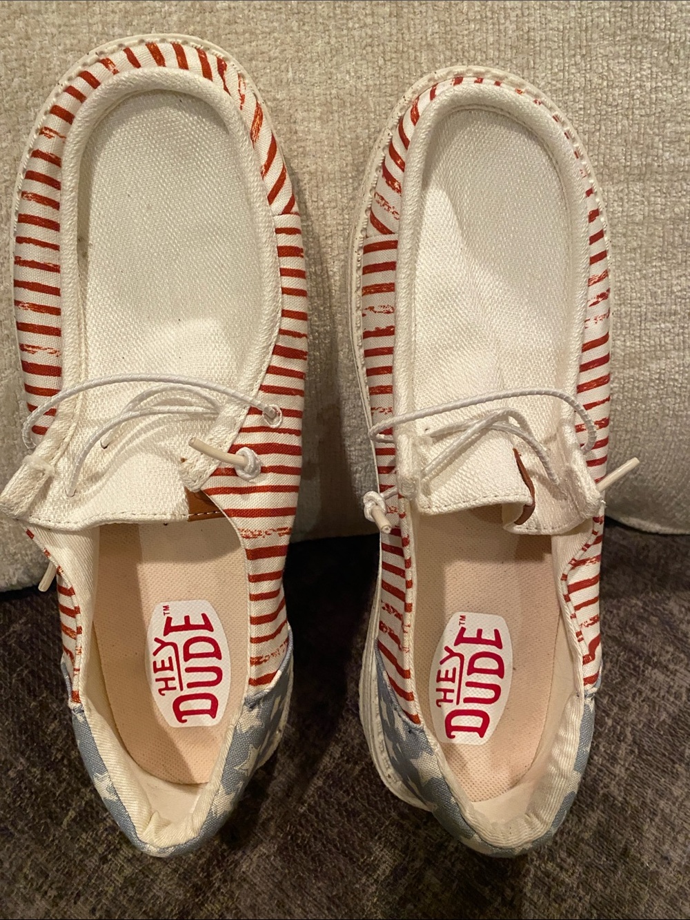 Hey Dude Women’s White Canvas Sneakers with Red Stripes and Blue Star Heel